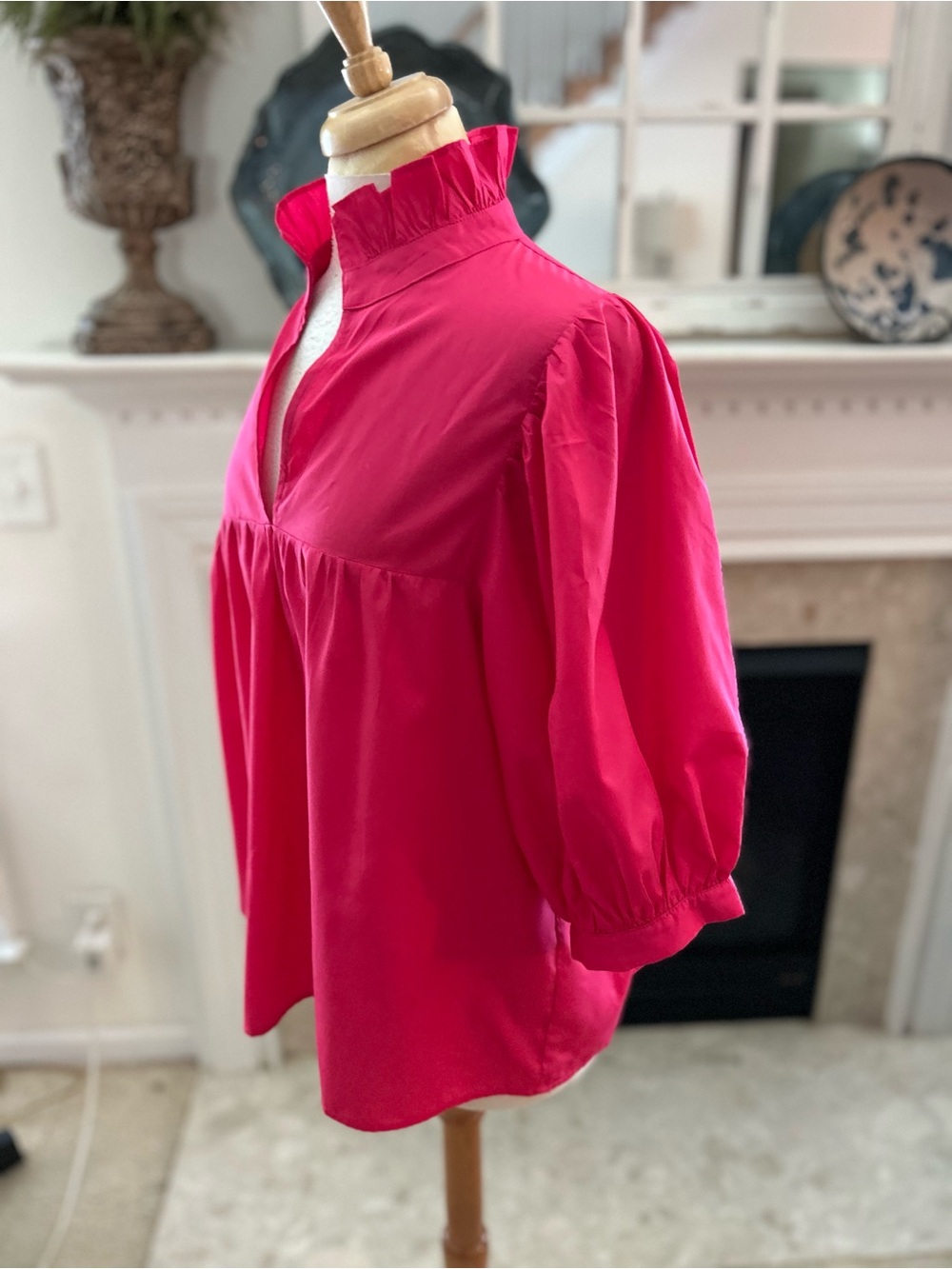 Jade Hot Pink Ruffle Stand Collar Popover Blouse - Picture 5 of 9